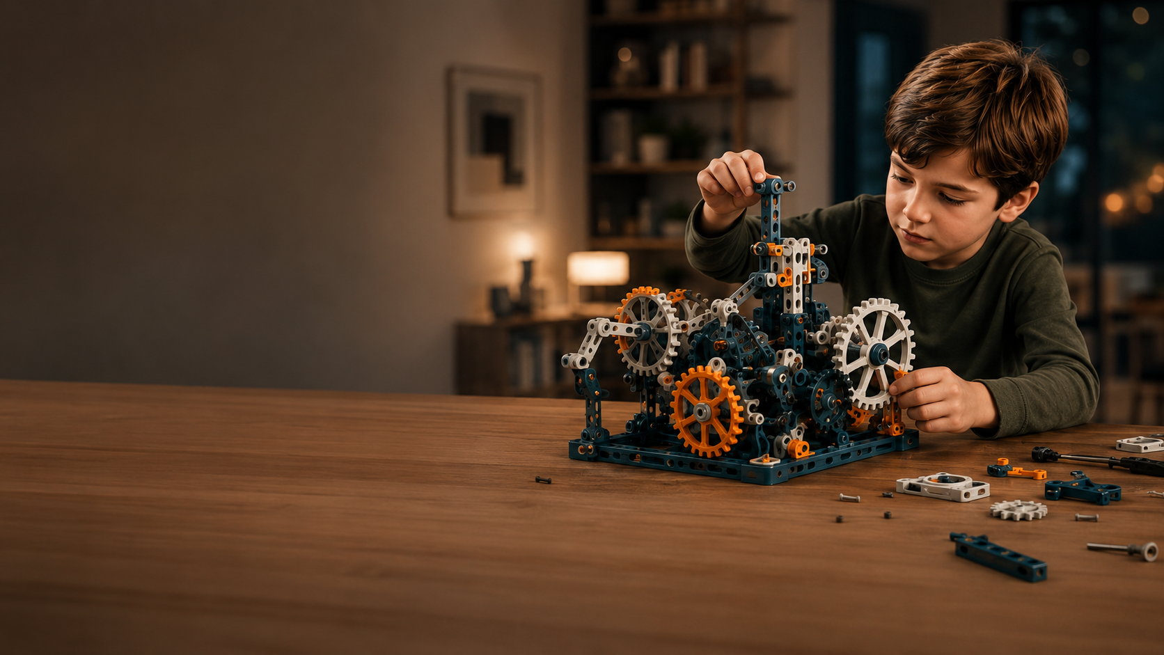 A young builder assembling a VEQAIRO engineering set